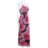 Vintage Print Slim-Fit One-Shoulder Halter Dress