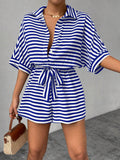 Striped Lapel Belted Shorts Short Sleeved Onesie