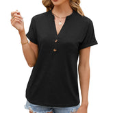 V-Neck Button Solid Color Short-Sleeved T-Shirt