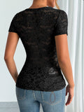 Solid-Color Lace V-Neck Short Sleeve Lace T-Shirt