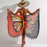 MULTI WAY BUTTERFLY PRINT TASSEL BEACH CAPE DRESS_CWBLS0489