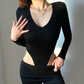 Tight Deep V-Neck Long-Sleeved One-Piece Top