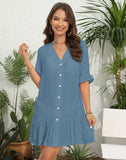 V-Neck Ruffled Button Up Cardigan Casual Dress