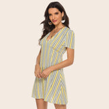 Striped V-Neck Short-Sleeved Skirt Dress