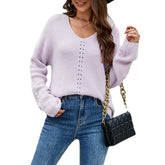 V-Neck Casual Pullover Loose Solid Color Knit Sweater