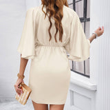 V Neck 3/4 Batwing Sleeve Ruffled Dress_Cwdsd3538