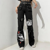 Street Style Split Hem Printed Denim Jeans