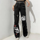 Street Style Split Hem Printed Denim Jeans