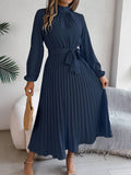 Standing Collar Long Sleeve Pleated Long Dress