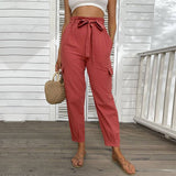 Solid Color High-Waisted Casual Lace-Up Pants