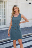 Solid Color Crew Neck Button Pocket Tank Dress