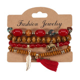 Cwaje05686_Boho Elephant Leaf Tassel Wooden Beaded Bracelet