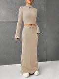 Solid Color Long Sleeve Top Long Skirt Set