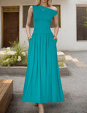 Womens One-Shoulder Pocketed Sleeveless Dress