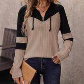 Zipper Front Knit Long Sleeve Color Hoodie