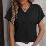 Womens V Neck Pullover Jacquard Short Sleeved Top_Cwtts0897