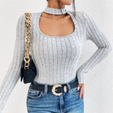 U-Neck Long Sleeve Pit Striped Wool Knit T-Shirt