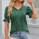 V-Neck Drawstring Pleated Loose Fitting T-Shirt