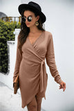 V-Neck Long-Sleeved Solid Color Irregular Dress