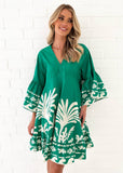 V-Neck Print Flared Sleeves Loose Short Dress