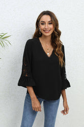 Solid Color V-Neck Loose Mid-Sleeve Lace Shirt