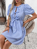 Vintage Striped Crew Neck With Bow Lace-Up Dress