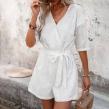Waist Romper With Hollowed Embroidery