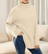 Split Turtleneck Solid Color Rib Knit Sweater
