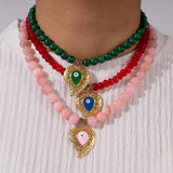COLORFUL BEADS MALACHITE EVIL EYE HEART NECKLACE_CWMM7537