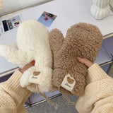 CUTE BEAR FLEECE MITTENS WARM NECK STRAP GLOVES_CWAG0178