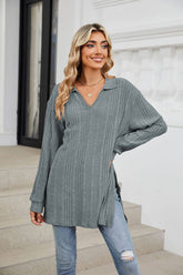 Solid-Color V-Neck Long-Sleeved Loose Slit Top