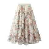 COLORFUL FLORAL MESH PANELED TIERED SKIRT_CWBMS0371