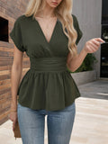 Womens V-Neck Waist-Defining Pleated Shirt