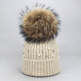 Women¡¯S Knit Beanie With Pearl & Fur Pom_Cwah04987
