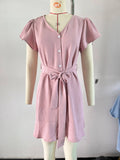 Solid Color V-Neck Belt Button-Up Dress