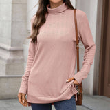 Solid-Color High-Neck Long-Sleeved Slit T-Shirt