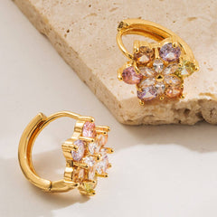 COLORFUL FLOWER CZ HOOP EARRINGS GOLD PLATED BRASS_CWMM8517