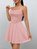 Solid-Color Pleated Back Zipper Halter Dress