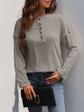 Solid-Color Button Round-Neck Striped T-Shirt