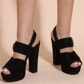 BLACK BUCKLE OPEN TOE CHUNKY HIGH HEELS_CWSHH0131