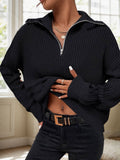 Solid-Color High-Neck Zipper Lapel Sweater