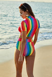 Rainbow Striped High-Neck Two-Piece Swimsuit