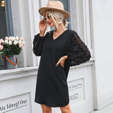 V-Neck Skirt Fluoroscopy Long-Sleeved Dress