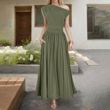 Womens One-Shoulder Pocketed Sleeveless Dress