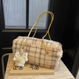 Winter Casual Woolen Plaid Shoulder Plush Bag_Cwab3941