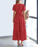 V-Neck Pleated Puffy Sleeve Short Sleeved Dress