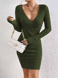 V-Neck Slim-Fit Dress With Hips And Long Sleeves