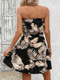Strapless,Cinched Waist Lace-Up Printed Dress