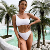 ONE SHOULDER HIGH WAIST BIKINI SEXY SOLID SWIMSUIT_CWMW0171