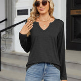 V-Neck Color Cotton Long Sleeve Loose T-Shirt